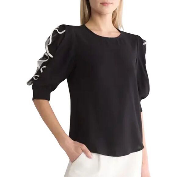 Gracia Black Knit Top Medium Ruffle Sheer Puff Sleeve Stretchy‎ - Picture 1 of 7